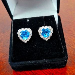 10k White Gold Natural Blue Topaz & Diamond Accent Heart Earrings. Tested! 2.8 g